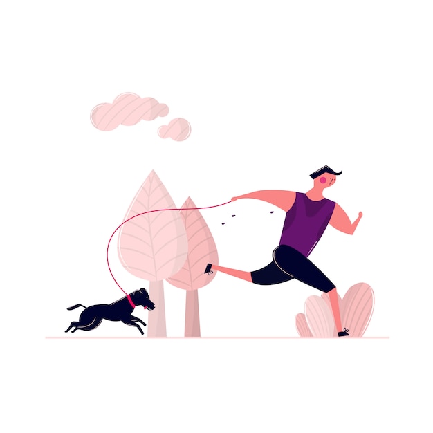 Free vector man running with dog on street in park outdoor. sweaty man walking with doggie on leash in morning. jogging man training outdoor with house pet health running.