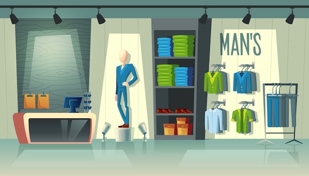 Man's clothing shop - wardrobe with suits, cartoon mannequin in costume and stuff on hangers.