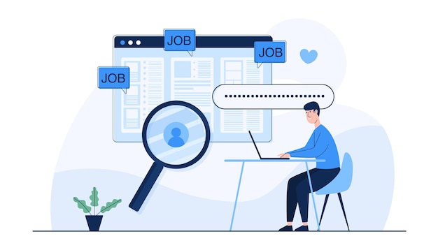 Бесплатное векторное изображение Человек ищет работу по найму онлайн с ноутбука