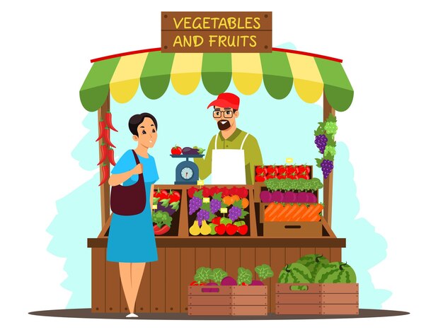 男性の売り手は、ストリートショップの季節限定の屋外農家の地元の市場で新鮮な有機果物と野菜を販売しています