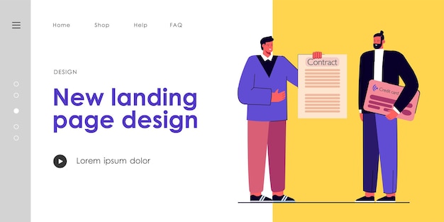 無料ベクター クレジットカードの契約に署名する男。クレジットカードを受け取る男性キャラクター。文書に署名する。口座名義人。バナー、ウェブサイトのデザインまたはランディングページの財務コンセプト