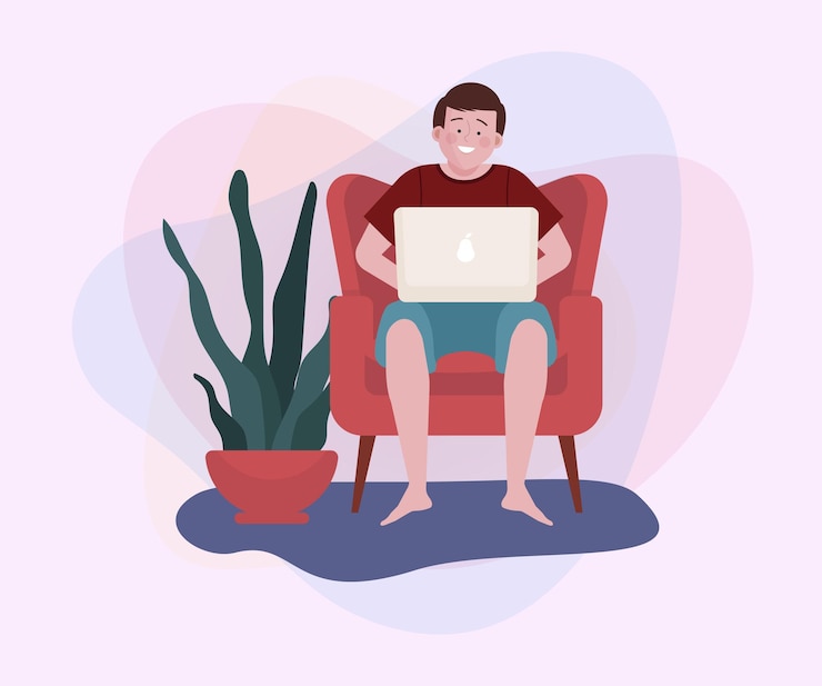 Free Vector man sitting in armchair and using laptop at home