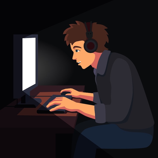 Бесплатное векторное изображение Человек, сидящий на рабочем столе компьютера экран компьютера