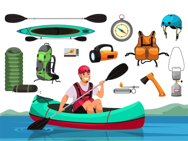 Man sitting in canoe and holding paddle Set of accessories boat sleeping bag flashlight compass life jacket ax backpack and other isolated objects