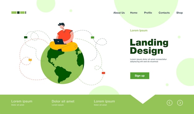 Man sitting on globe and sending emails landing page in flat style