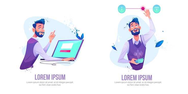 Free Vector man sitting at laptop with web page on screen making online order illustration set