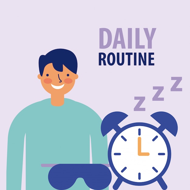 Free vector man smiling with alarm clock, flat style