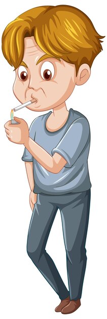 白い背景の上の漫画のキャラクターを喫煙する男