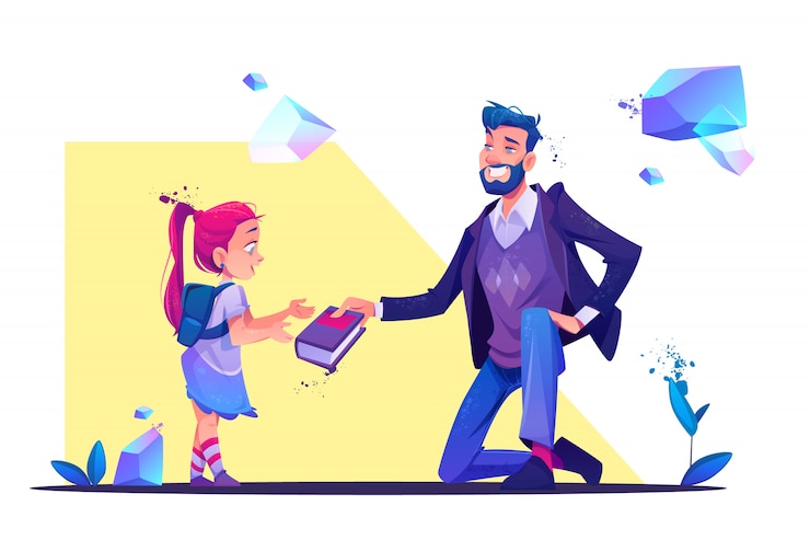 Free Vector man stand on one knee giving book to little girl