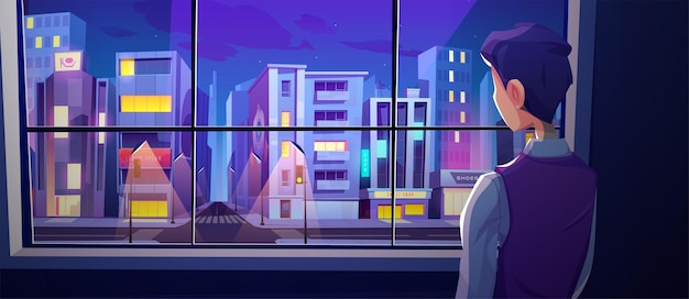 Мужчина стоит у окна, вид сзади, вид на перекресток улиц ночного города с современными небоскребами и лампами накаливания. Одинокий мужской персонаж смотрит за пределы дома на мегаполис.