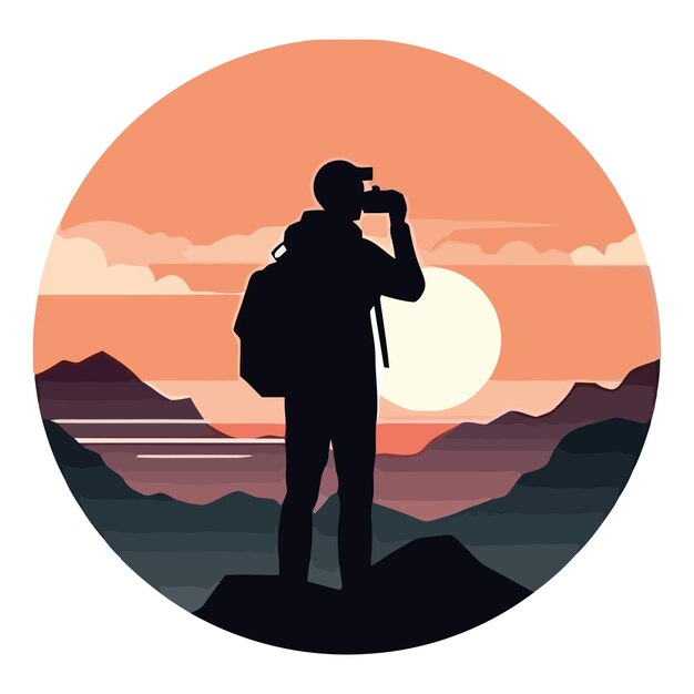 Человек, стоящий на вершине горы и наблюдающий за закатом