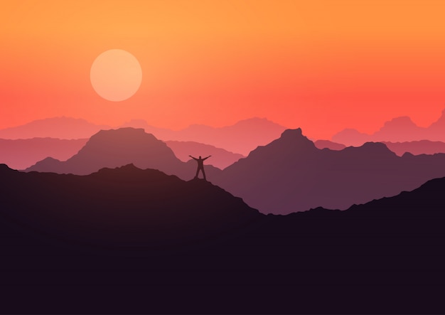 Free vector man stood on mountain landscape at sunset