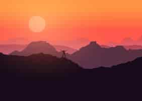 Free vector man stood on mountain landscape at sunset