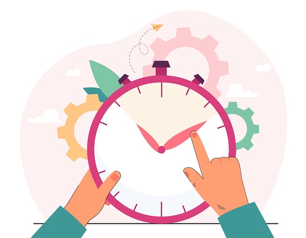 Man stopping minute hand of clock with finger. Control and measurement of working time by person flat vector illustration. Time management concept for banner, website design or landing web page