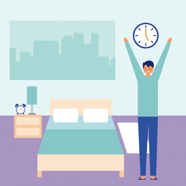 Free vector man stretching waking up in the room