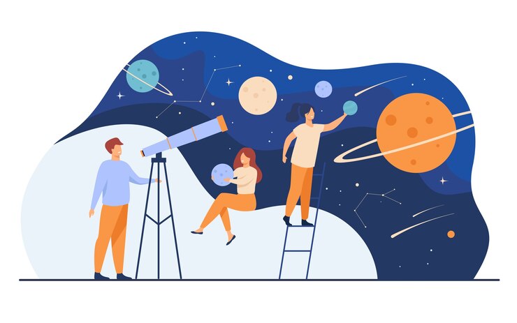 Free Vector man studying galaxy through telescope. women holding planets models, watching meteors and constellation of stars. flat vector illustration for horoscope, astronomy, discovery, astrology concepts