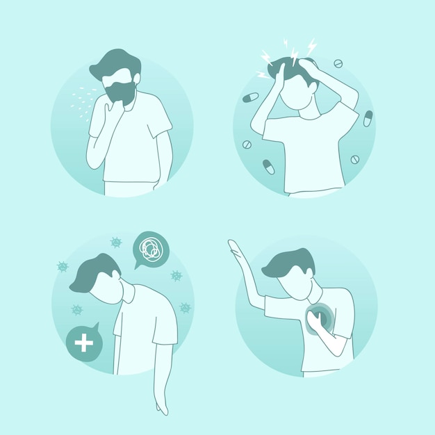 Free vector man suffering from covid 19 viral infection character set