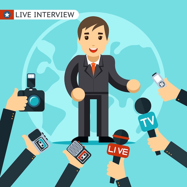 Free vector man in a suit being interviewed. being photographed and recorded on a dictaphone.