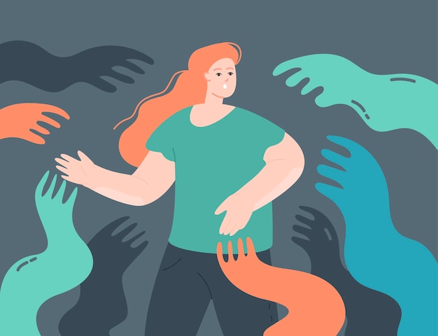 Man surrounded by giant creeping hands flat vector illustration. character struggling with fear.  psychological concept of influence, manipulation or addiction