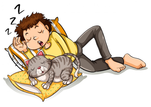 ペットの猫と昼寝をして男