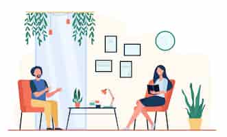 Free vector man talking to therapist in her office. patient sitting in armchair and speaking while positive doctor taking notes. vector illustration for psychological counseling, psychotherapy concept