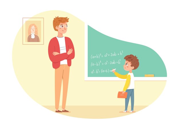 黒板で答えるクラスの男の子で数学のレッスンを教える男数学のクラスで数式を書く学生に立っている若い男