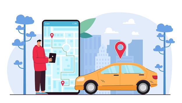 태블릿 지도에서 택시 운전사를 추적하는 남자. gps 시스템 앱으로 자동차 위치에 장치를 사용하는 사람. 스마트폰 예약 택시에서 남성이 탐색을 확인합니다. 지도 제작 디스플레이. 평면 그림