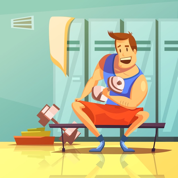 Free vector man training arm muscles with dumbbells in a gym cartoon