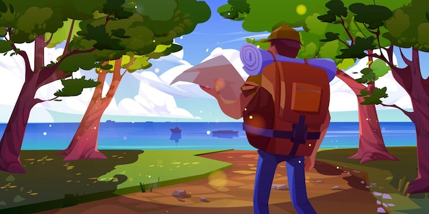 Free vector man travel with map and backpack near sea and tree