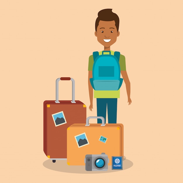 Free vector man traveler with suitcases characters