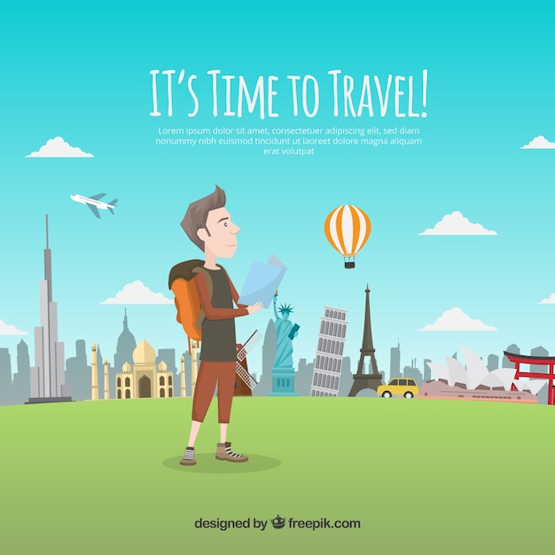 Free vector man travelling with a map background