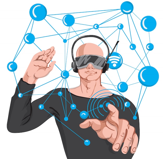 Free vector man using advance technology vr glasses.