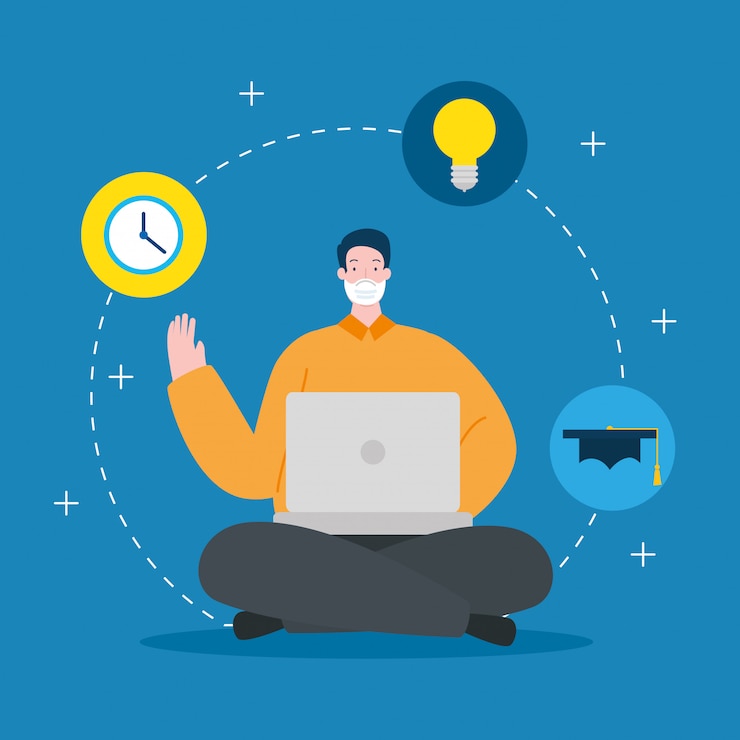 Free Vector man using face mask in education online with laptop illustration design