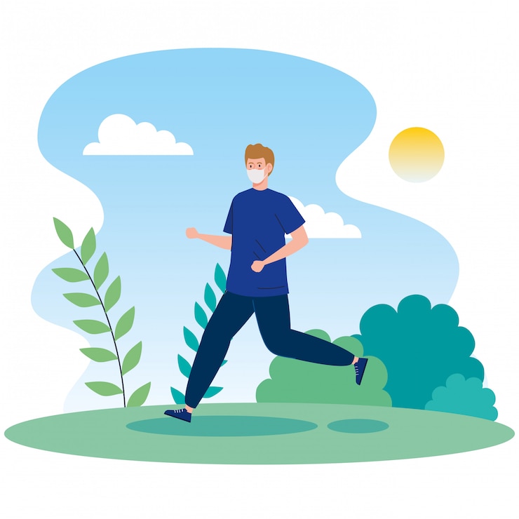 Free Vector man using face mask running in landscape