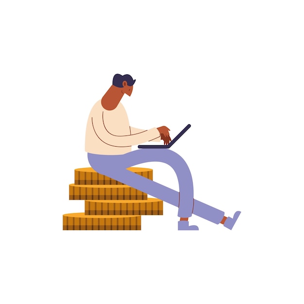 Free vector man using laptop seated in coins