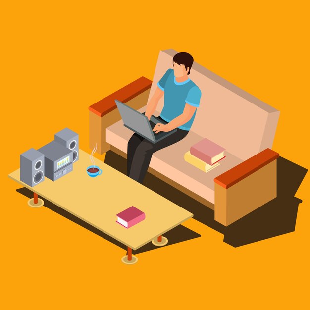 Free vector man using laptop on sofa at home isometric vector