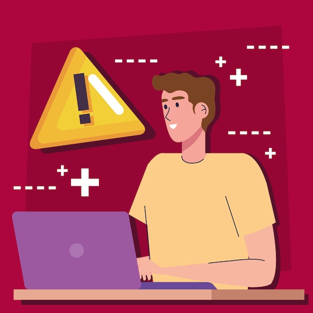 Free vector man using laptop with alert