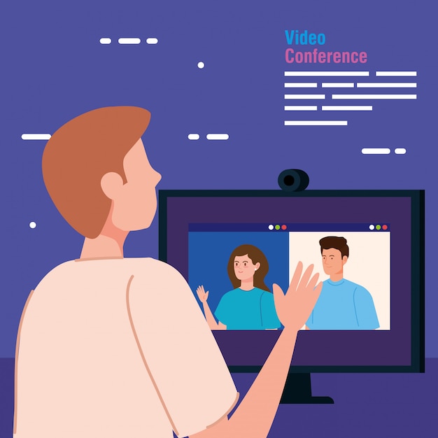 Free vector man in video conference from the computer