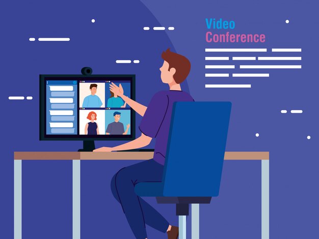 Человек в видео конференции с компьютера