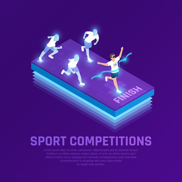 Free vector man in vr glasses and virtual athletes during sport running competition isometric composition purple