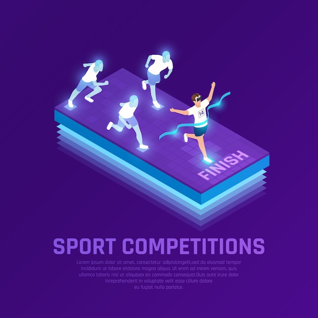 Man in vr glasses and virtual athletes during sport running competition isometric composition purple