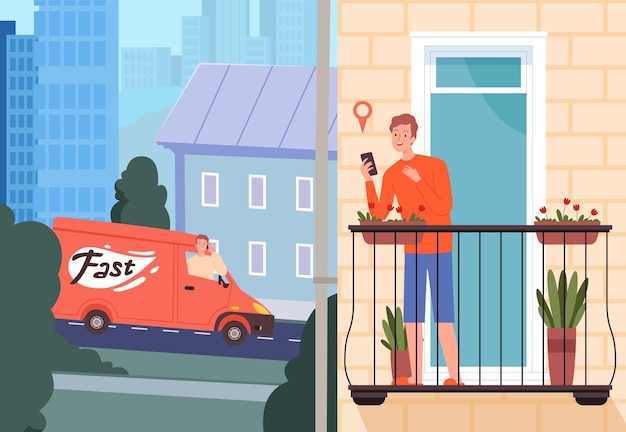 Man wait delivery. fast safe service, food goods bring. delivery man in truck on street and guy with phone on balcony vector concept. man service deliver, fast delivery courier illustration