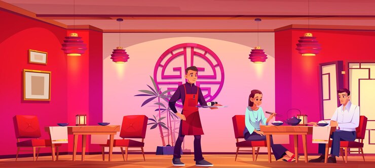 Free Vector man waiter services couple in chinese restaurant