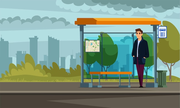 バス停で待っている男屋外の都市の背景に立っている男公共交通機関のバス停地図とサインバナー男性キャラクター通勤中