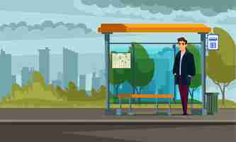Free vector man waiting at bus stop guy standing outdoor urban background public transport busstop with map and sign banner male character on commute
