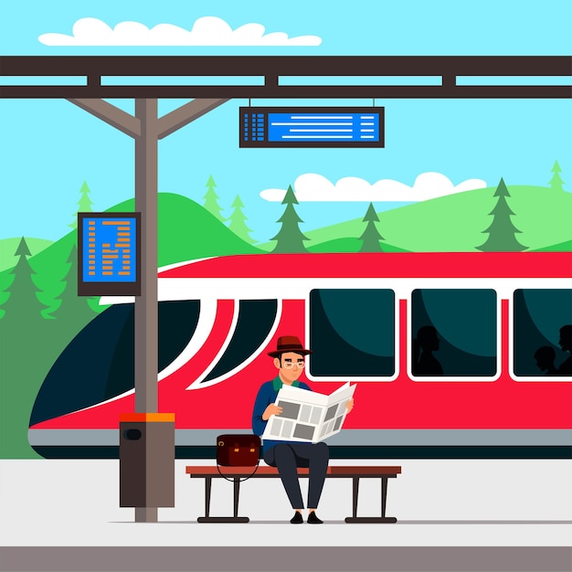 Vettore gratuito uomo in attesa del treno con borsa e giornale sulla stazione ferroviaria uomo d'affari con bagagli in vacanza viaggio o viaggio