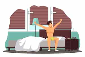 Free vector man waking up in bed. guy sitting on bed yawning in early morning, stretching arms.