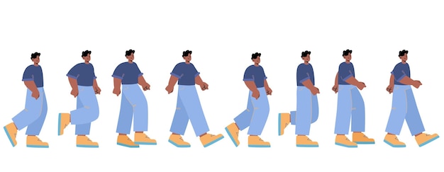 Бесплатное векторное изображение Кадр последовательности анимации ходьбы человека для игры циклические этапы африканского подростка, идущего идущего листа спрайтов движения прохожий лист спрайтов движения пешеходов мультфильм плоские векторные линии искусства иллюстрации