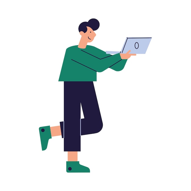 Free vector man walking using laptop