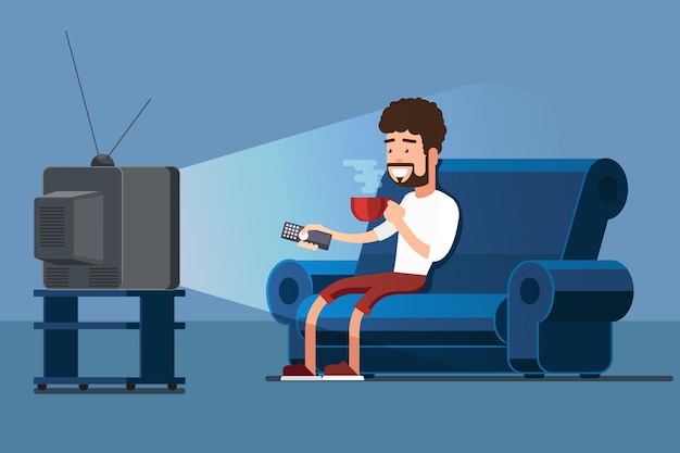子供たちはテレビを見ます 子供の映画家の男の子の女の子は テレビの画像画面のキャラクターの電気モニターの漫画の概念を表示する時計を見る プレミアムベクター